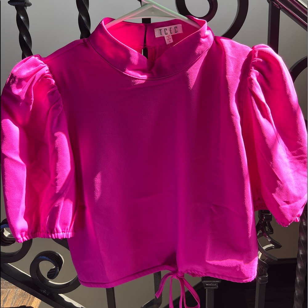 hot pink, puff sleeve, button back, high neck